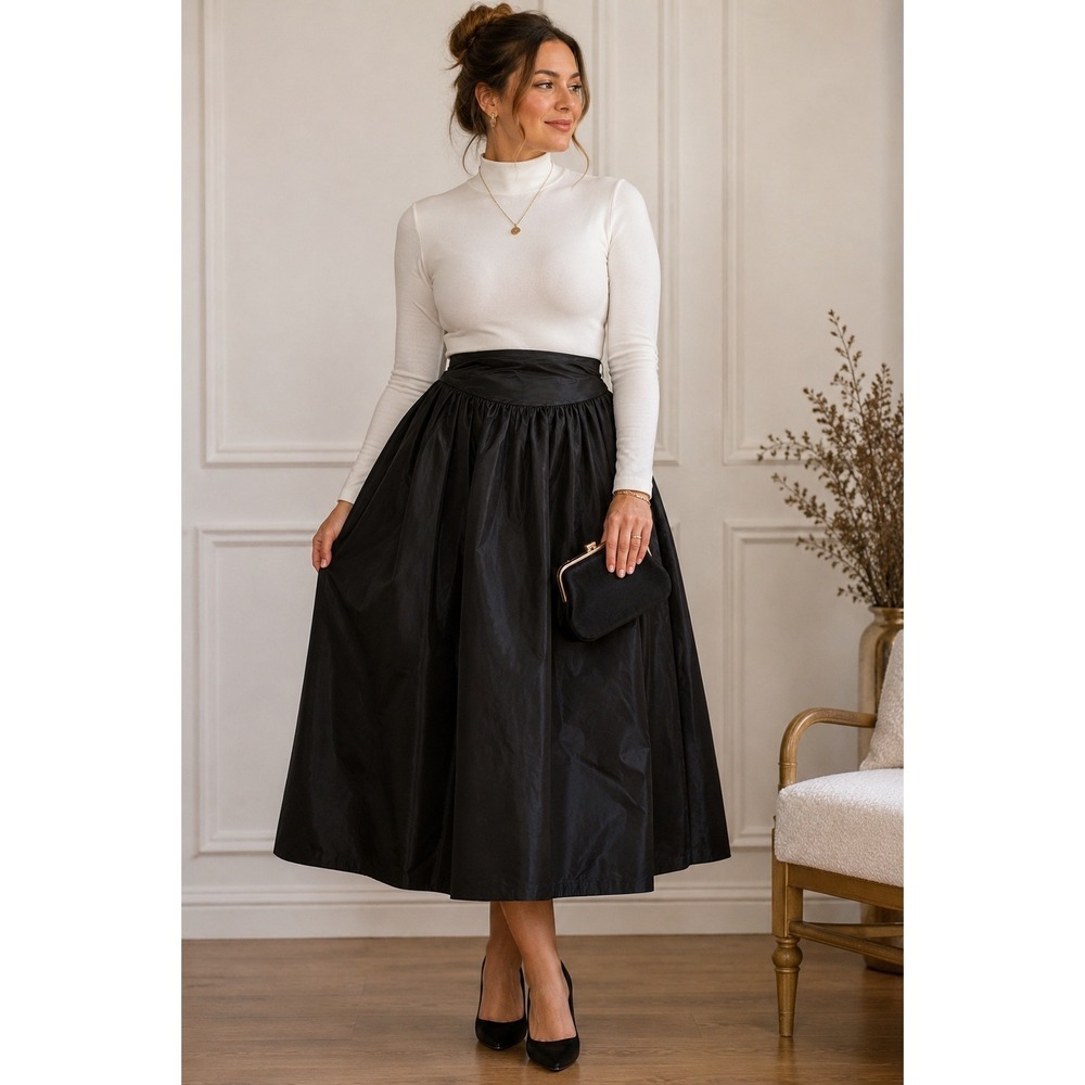 Vintage Adelaar Designer Collection Black Taffeta Midi Skirt Size 14 Classic